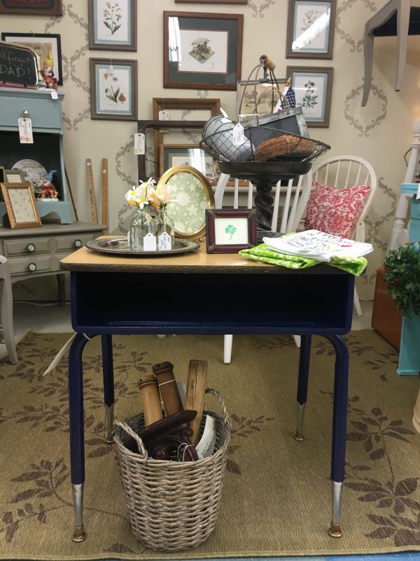 navy desk in booth